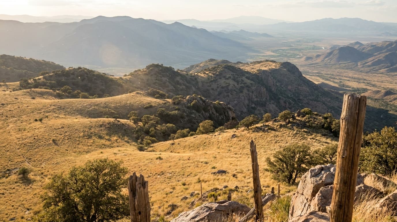 The view from Montezuma Pass at Coronado National Memorial looking south into Mexico and the San Pedro Valley, Huachuca Mountain ridgelines and golden grassland, dramatic light