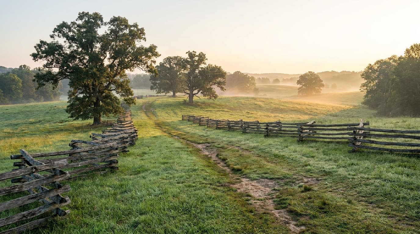 Wide open grassy battlefield at Cowpens in early morning light, a flat walking trail crossing the field, scattered oaks and a split-rail fence, South Carolina Piedmont
