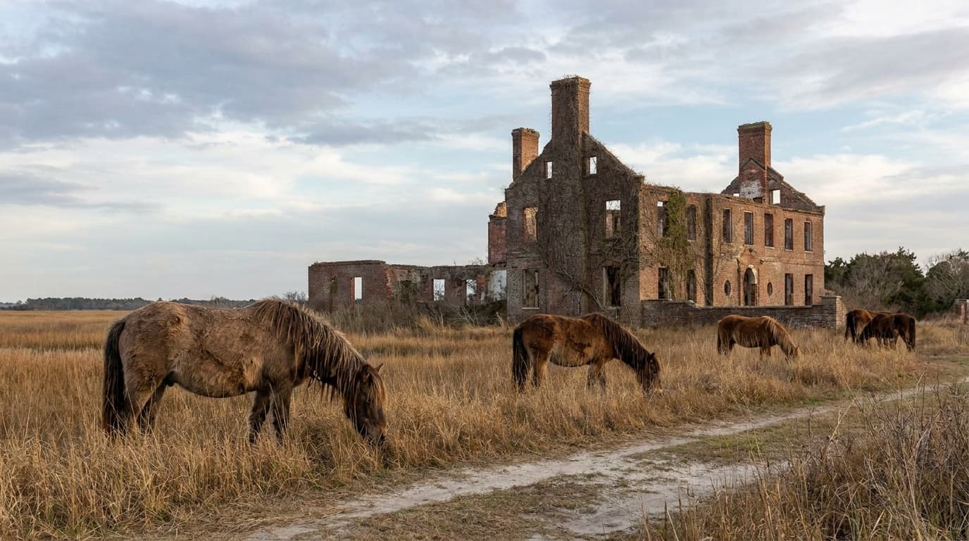 Wild feral horses grazing in golden marsh grass in front of the ruined brick chimneys of the Dungeness mansion on Cumberland Island