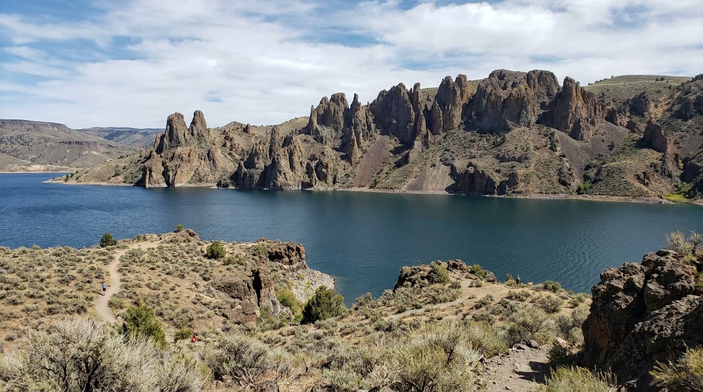 Blue Mesa Reservoir blue water below the eroded Dillon Pinnacles spires