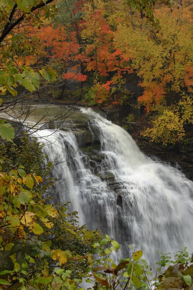 Brandywine Falls framed by autumn leaves