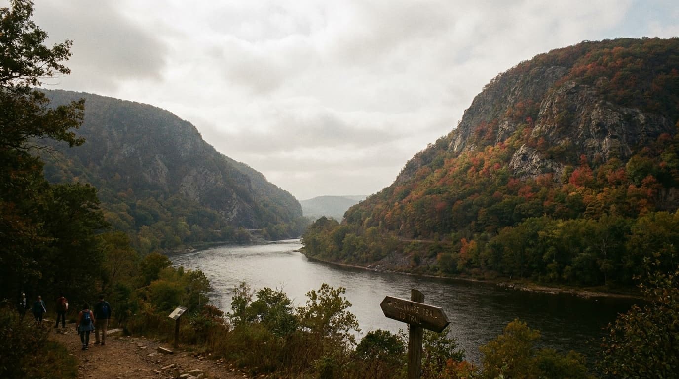 The Delaware Water Gap with the river cutting between Mount Tammany and Mount Minsi
