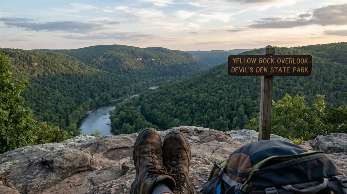 The view from Yellow Rock overlook over the Lee Creek valley at Devil's Den State Park