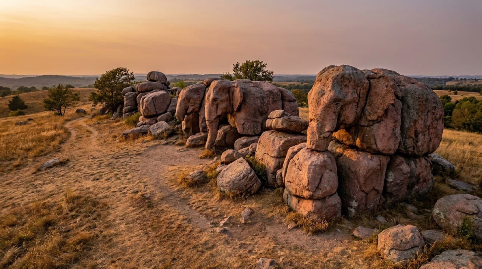 A line of massive rounded pink granite boulders glowing warm at sunset on a grassy Missouri hilltop, stacked like a parade of giant elephants.