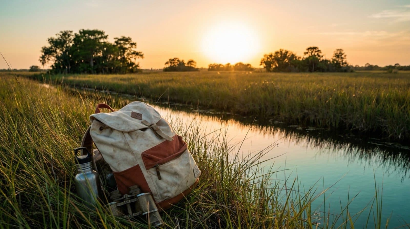 The Everglades sawgrass marsh stretching flat to the horizon at golden hour, with open water and tree islands.
