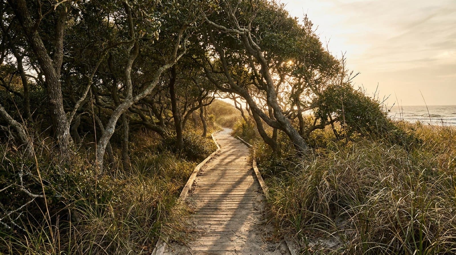 Wide late-afternoon view of a narrow sandy boardwalk winding through the Sunken Forest of Fire Island, sunlight filtering through a low canopy of 300-year-old American holly trees behind dune grass, Atlantic barrier island light