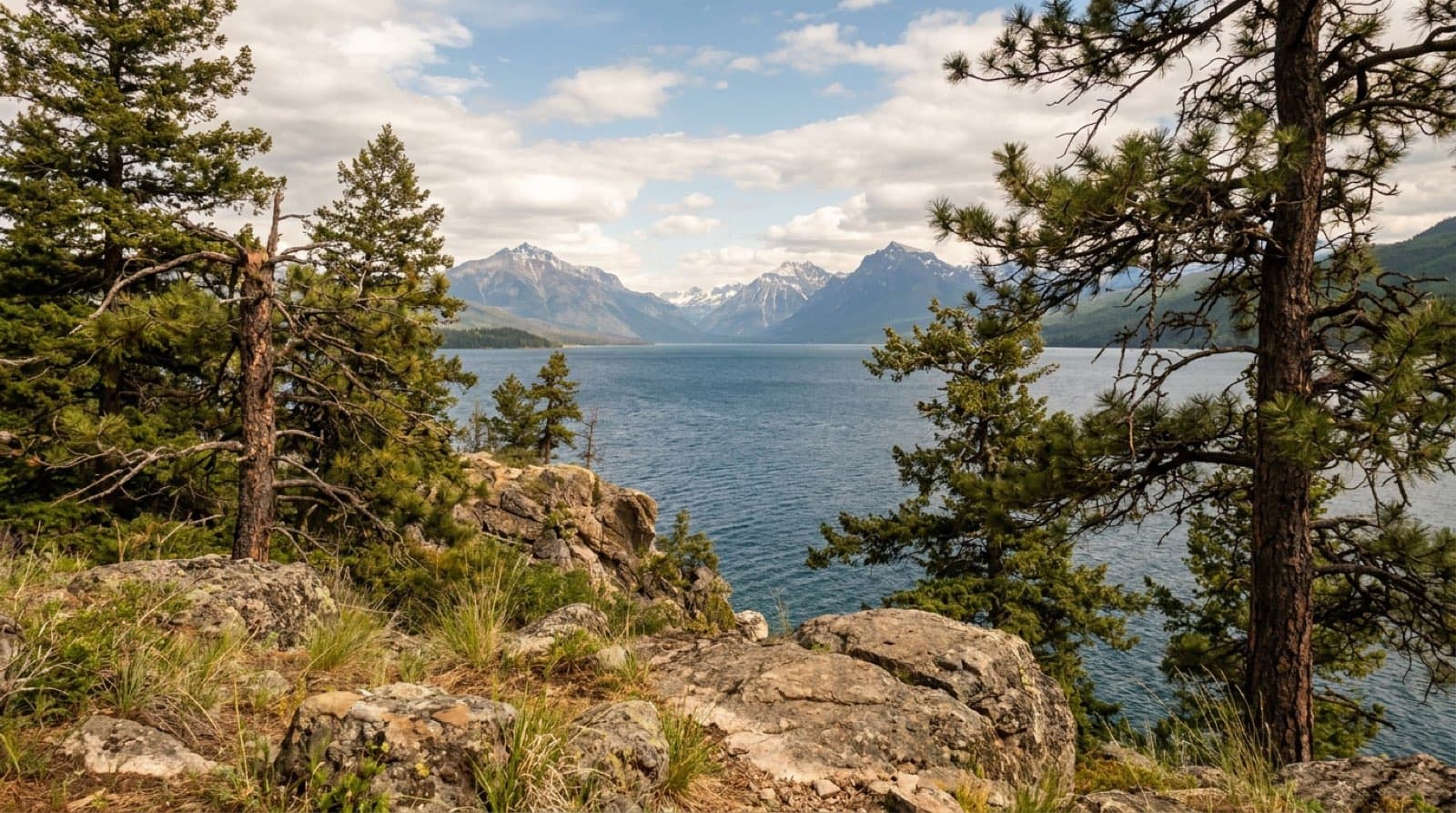 The vast clear blue expanse of Flathead Lake with rocky pine-studded points in the foreground and snow-capped mountains beyond, bright Montana summer day