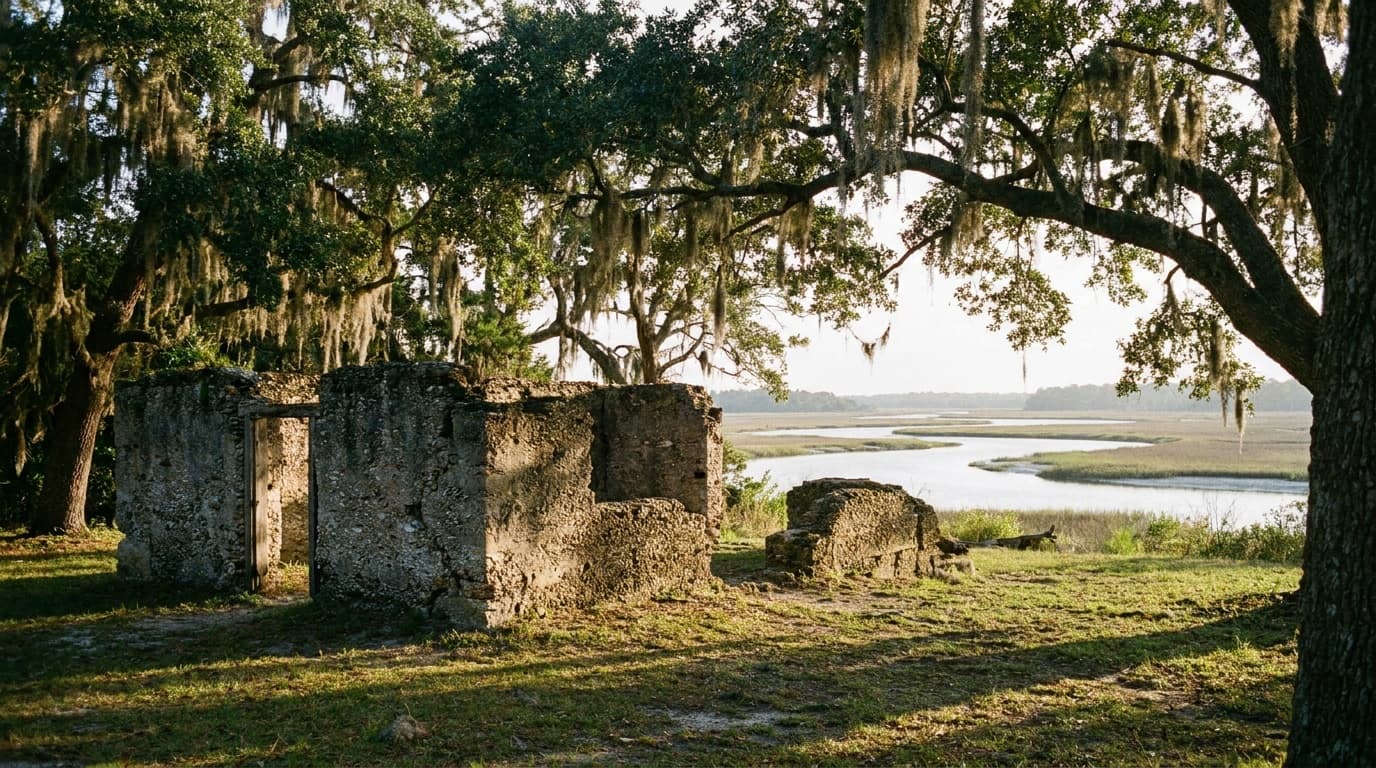 The tabby ruins of the Fort Frederica powder magazine beneath enormous live oaks draped in Spanish moss along the Frederica River on St. Simons Island, soft coastal light