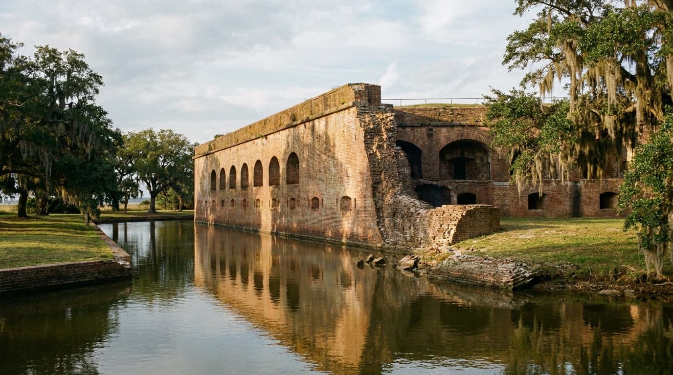Fort Pulaski's massive brick walls and arched casemates reflected in the moat, the breached southeast wall visible, golden late-afternoon coastal light, Spanish moss and live oaks nearby