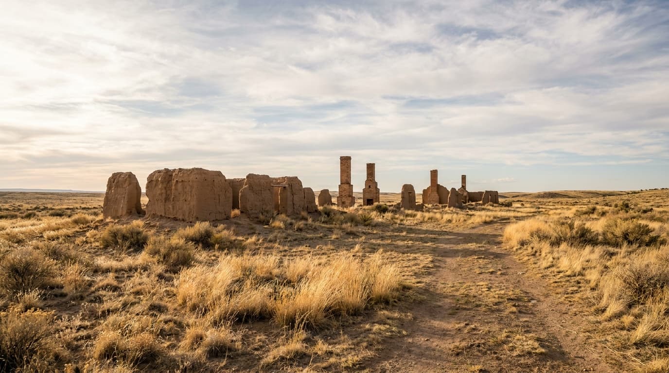 Crumbling adobe walls and lone brick chimneys of Fort Union standing on the open high-plains prairie under a vast cloud-streaked New Mexico sky, golden grass