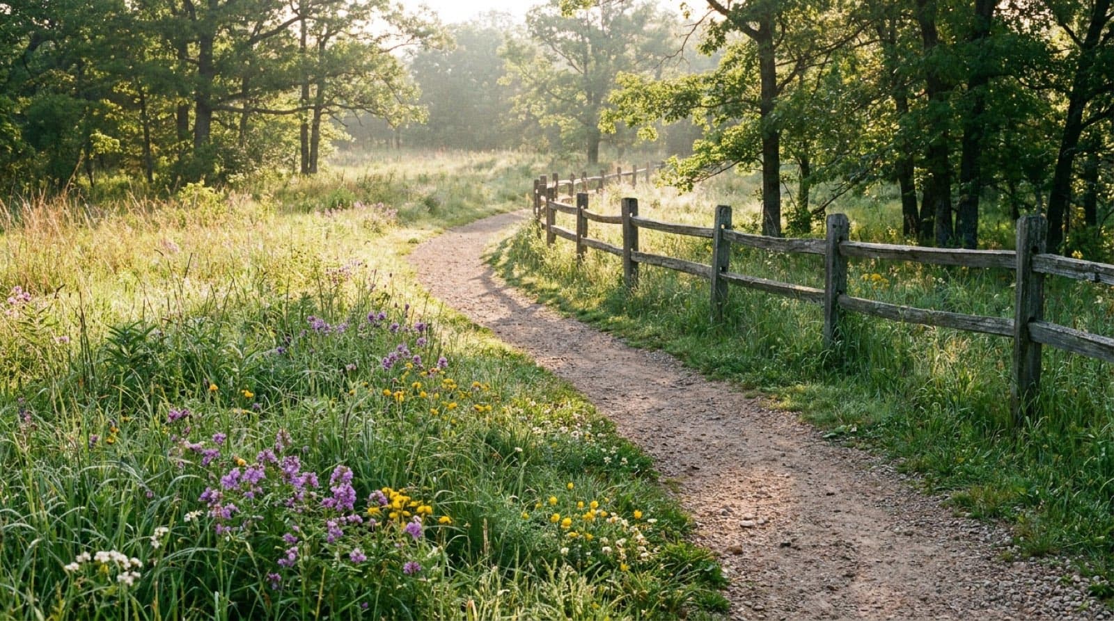 The boyhood prairie and woods of the George Washington Carver National Monument, the gravel Carver Trail winding through tallgrass prairie and oak woods, soft spring morning light, wildflowers