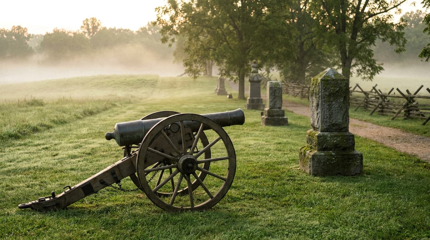 A Civil War cannon on the rolling green fields of Gettysburg battlefield at dawn, stone monuments and split-rail fences in soft mist