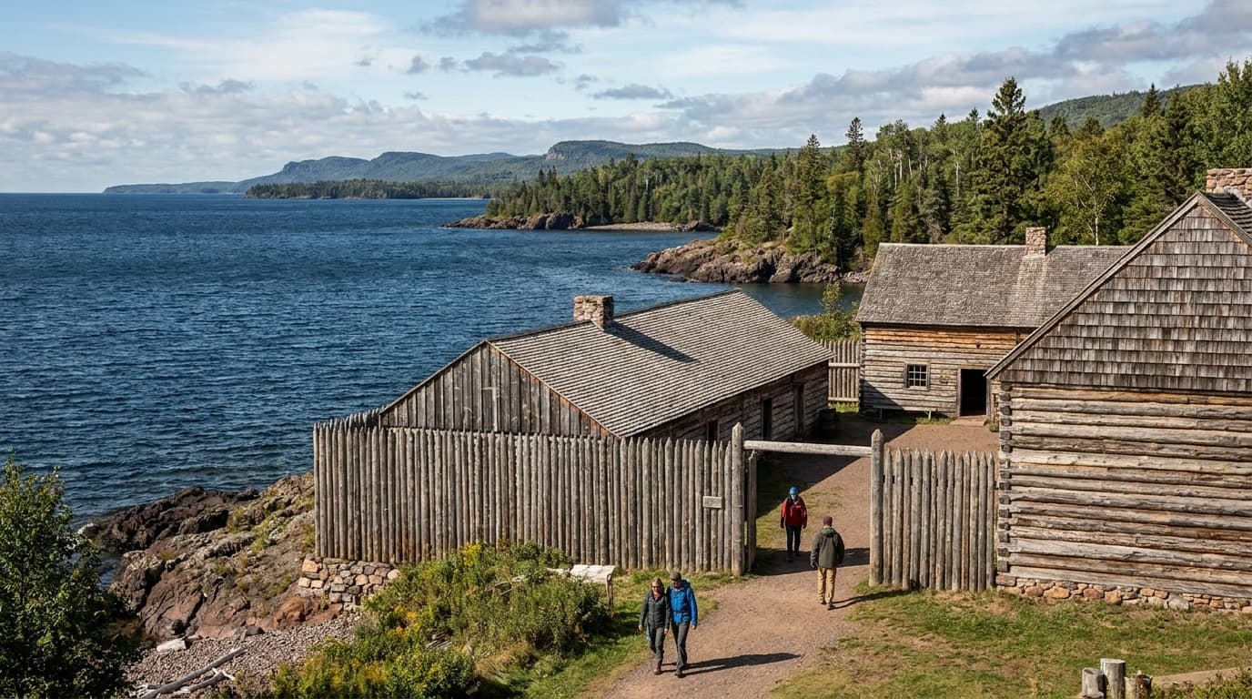 The reconstructed Grand Portage fur-trade depot and wooden stockade on the shore of Lake Superior, the great hall and canoe warehouse, blue lake and Grand Portage Bay behind, crisp northern light