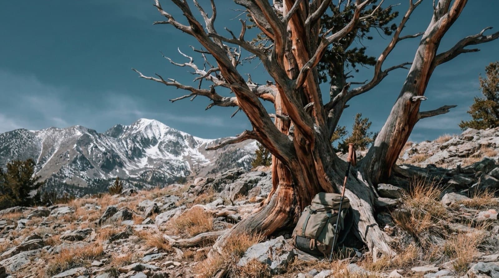 An ancient bristlecone pine on a rocky slope below snow-streaked Wheeler Peak in Great Basin National Park.