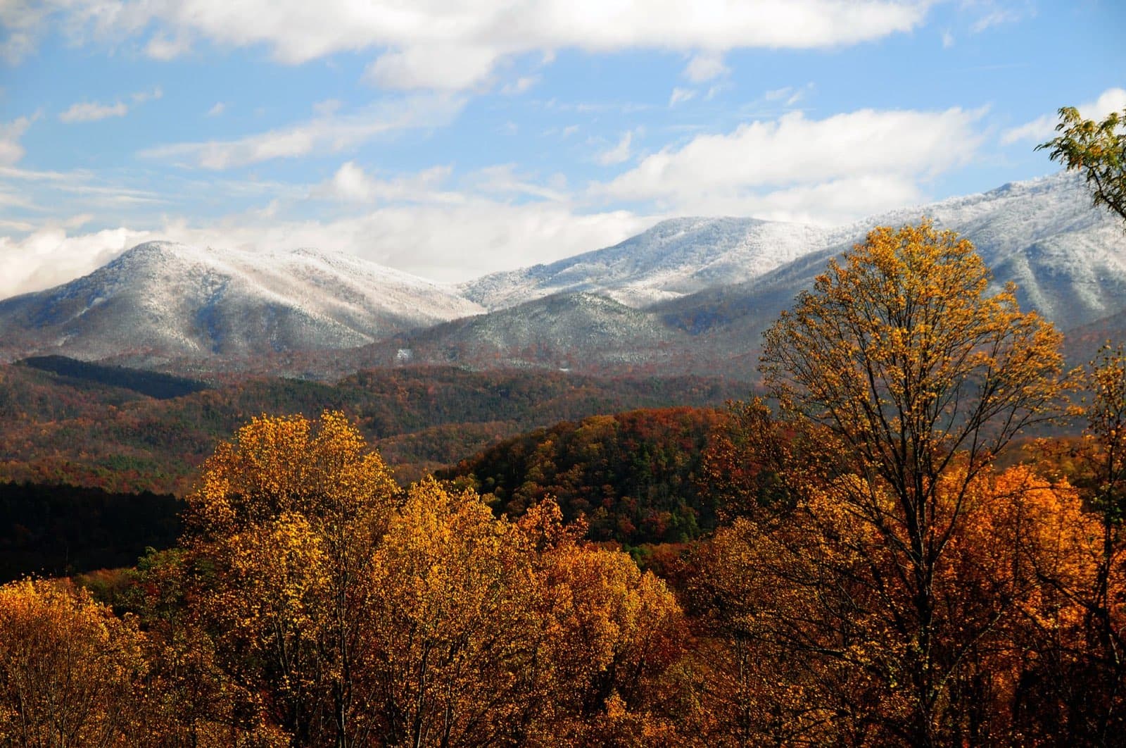 Autumn color filling the Smokies valleys below snow-dusted high ridges