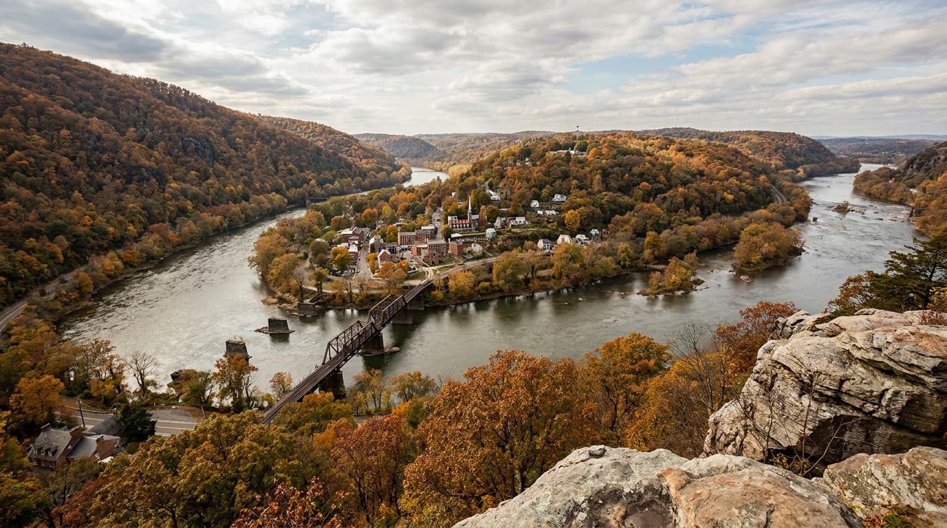 The classic Maryland Heights overlook view of Harpers Ferry, the historic town at the confluence of the Potomac and Shenandoah rivers, surrounding bluffs in fall color, railroad bridge, dramatic high vantage