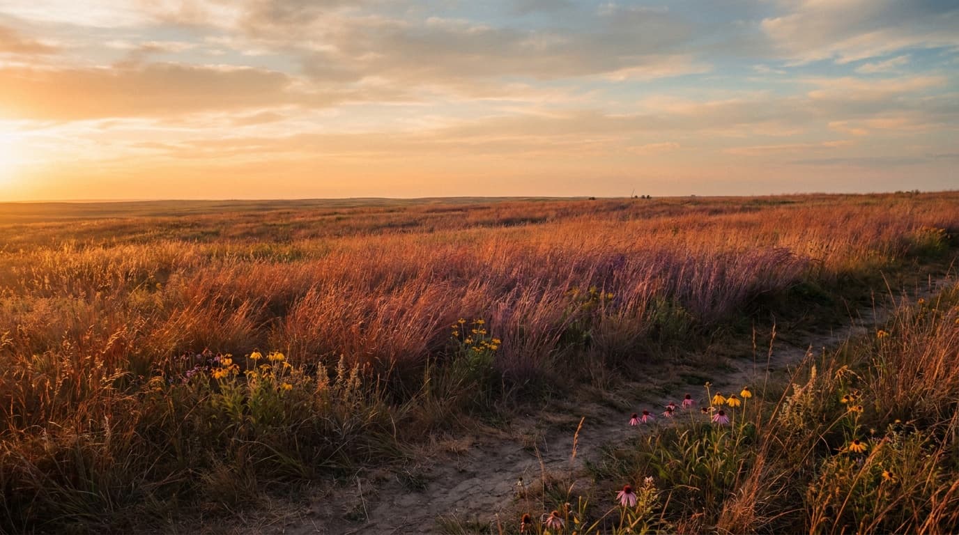 Tallgrass prairie at Homestead National Historical Park at golden hour, waves of big bluestem and wildflowers stretching to the horizon under a wide Nebraska sky