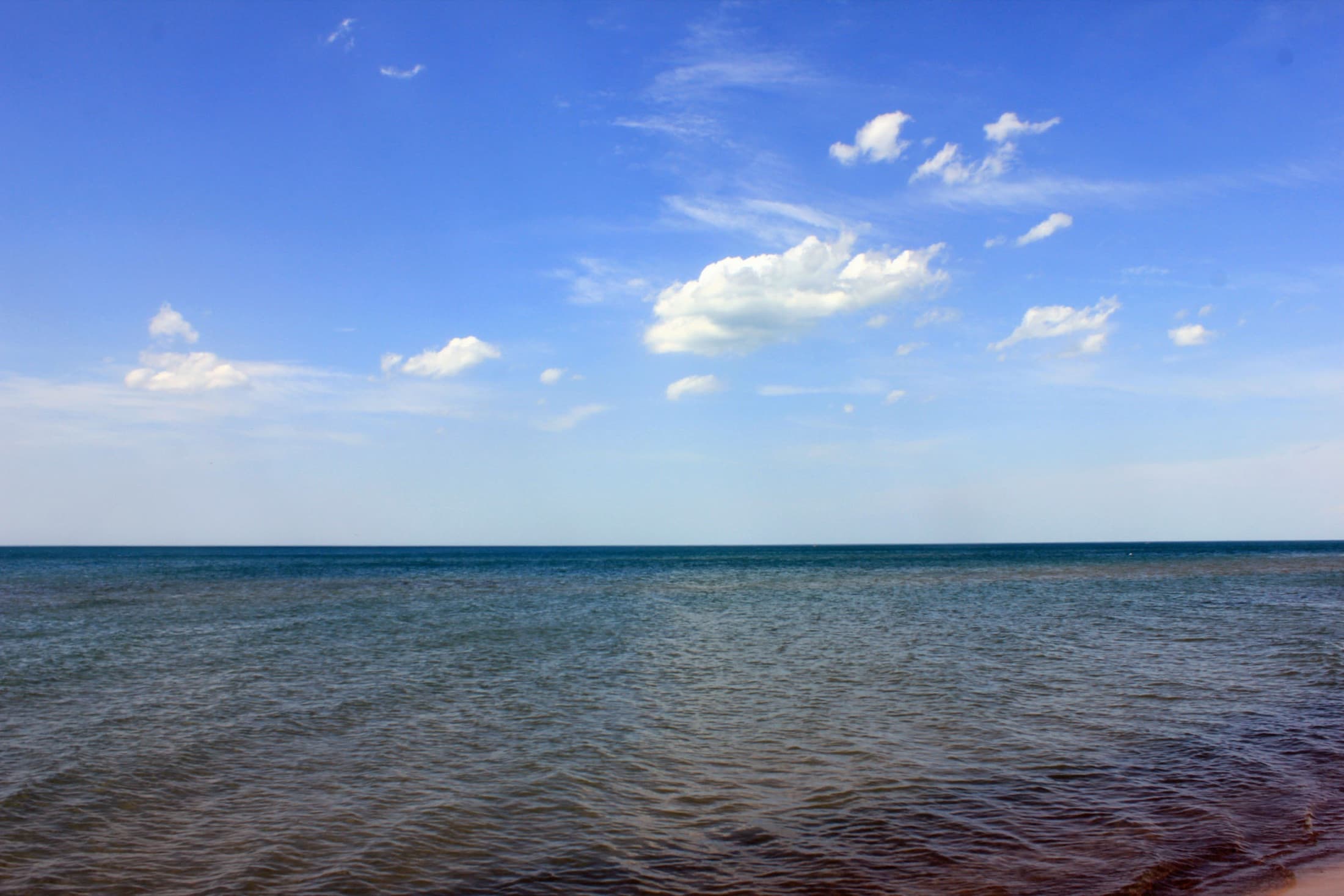 Wide view of the Lake Michigan shoreline at Indiana Dunes National Park, with calm blue water meeting a sandy beach under an expansive sky