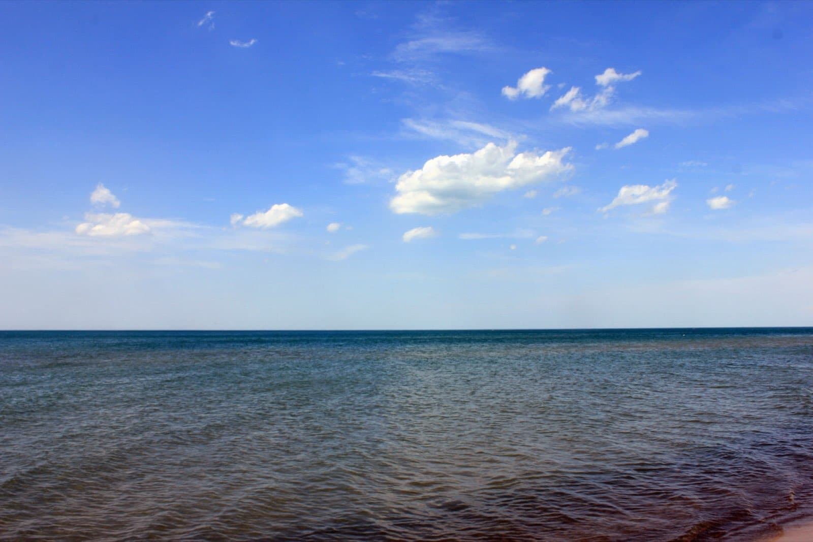 Wide view of the Lake Michigan shoreline at Indiana Dunes National Park, with calm blue water meeting a sandy beach under an expansive sky