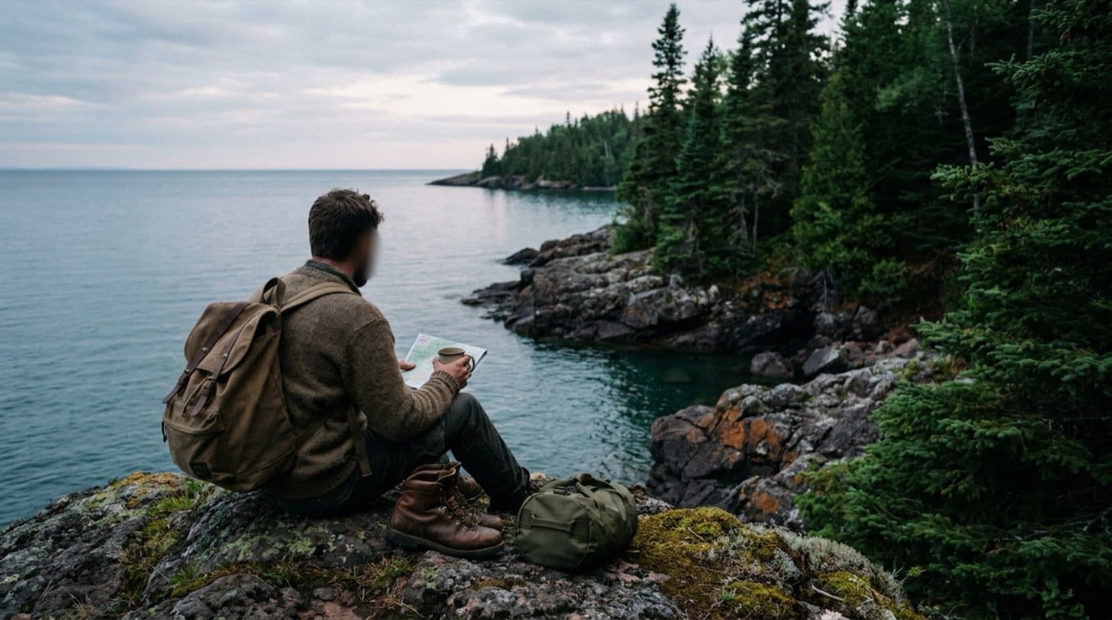 The rugged forested Lake Superior shoreline of Isle Royale at dusk.