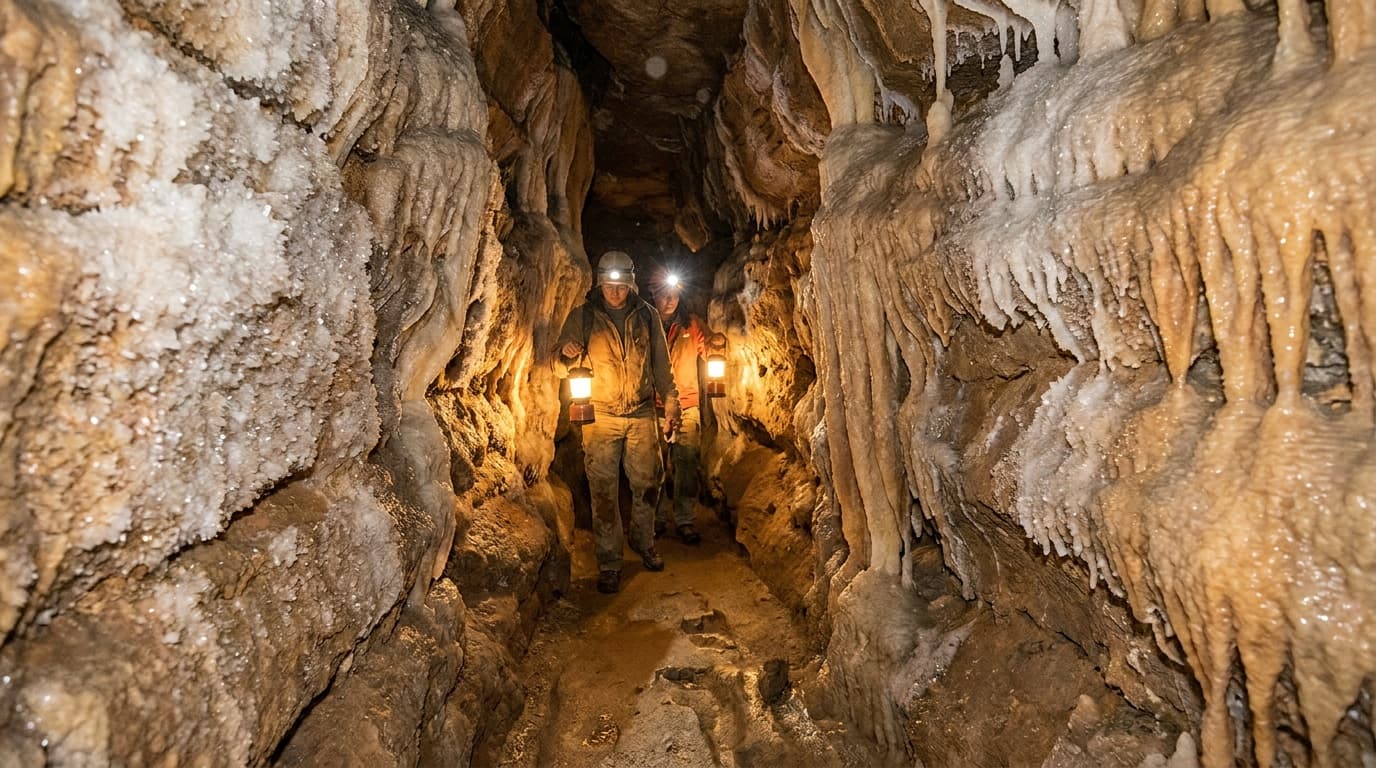Glittering calcite crystal formations lining a decorated passage deep inside Jewel Cave, warm lamplight catching the sparkling walls