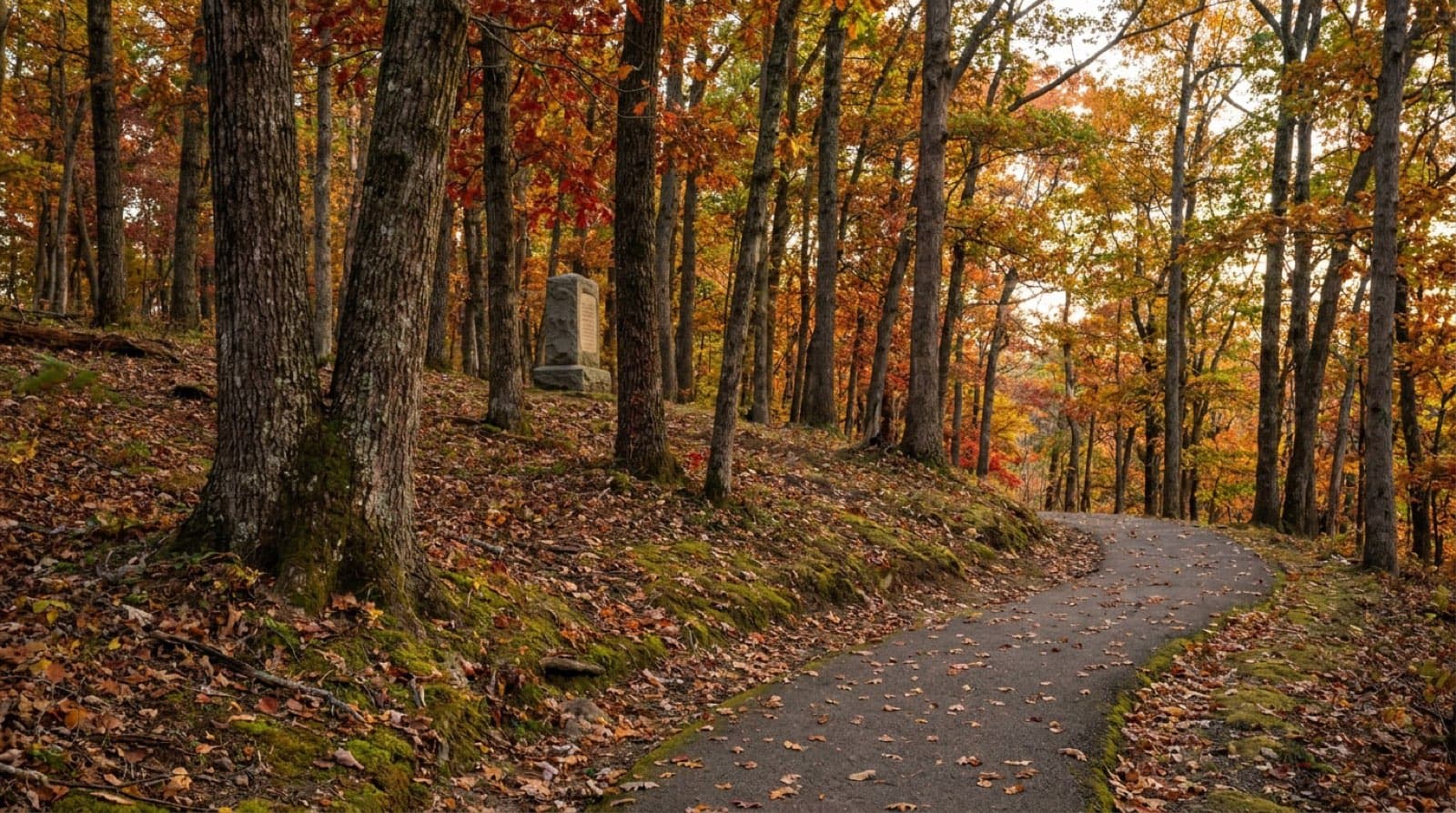 The wooded ridge of Kings Mountain battlefield in autumn, the paved Battlefield Trail climbing through hardwood forest with fall color, a stone monument visible
