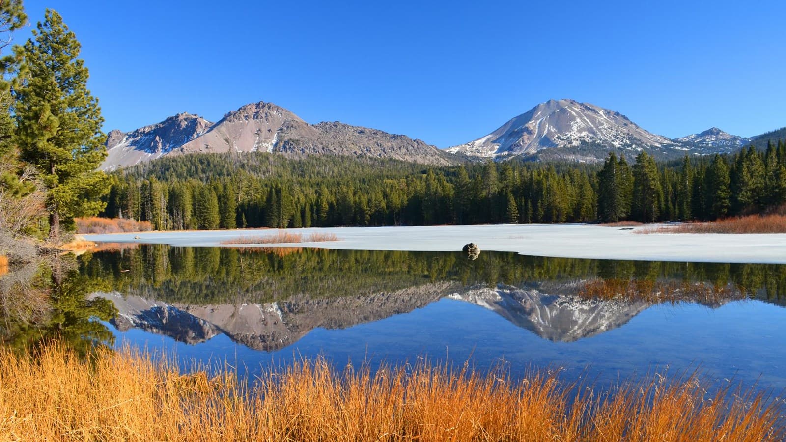 Lassen Peak reflected in Manzanita Lake
