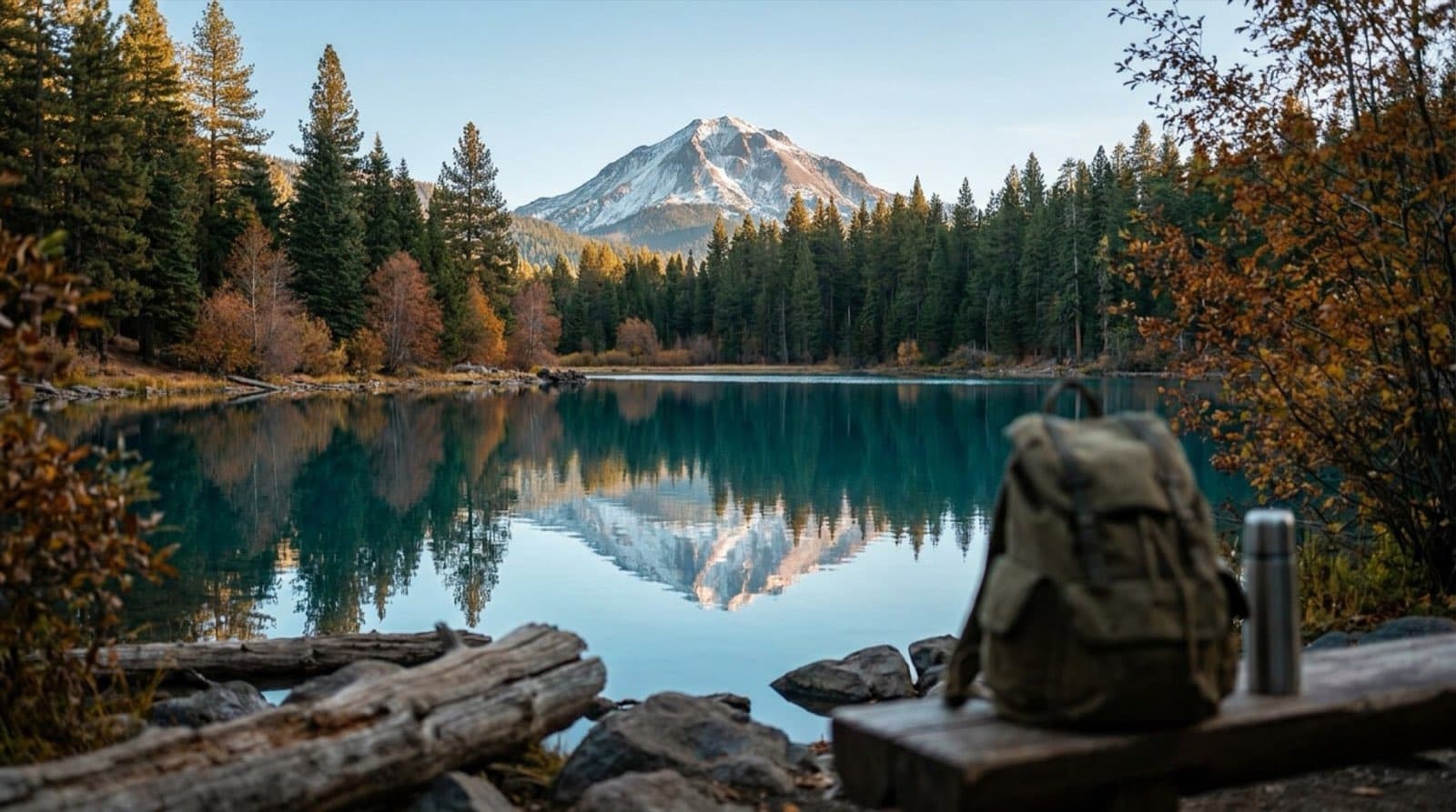 Lassen Peak reflected in the still water of Manzanita Lake at first light.
