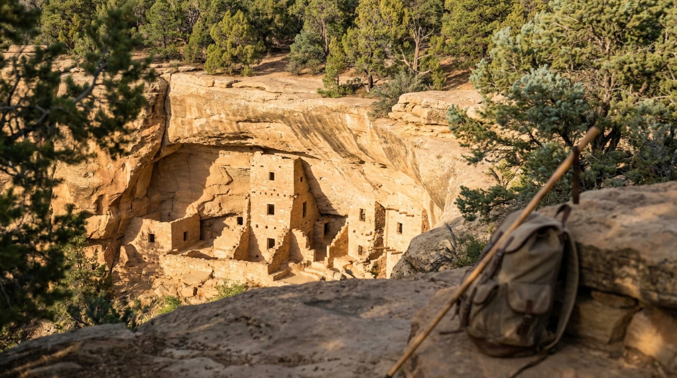 Ancestral Puebloan cliff dwellings set into a sandstone alcove at Mesa Verde in warm afternoon light.
