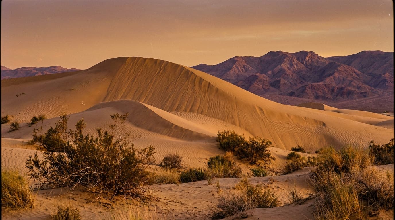 The tall rippled crest of the Kelso Dunes glowing golden at sunset with desert mountains behind in Mojave National Preserve