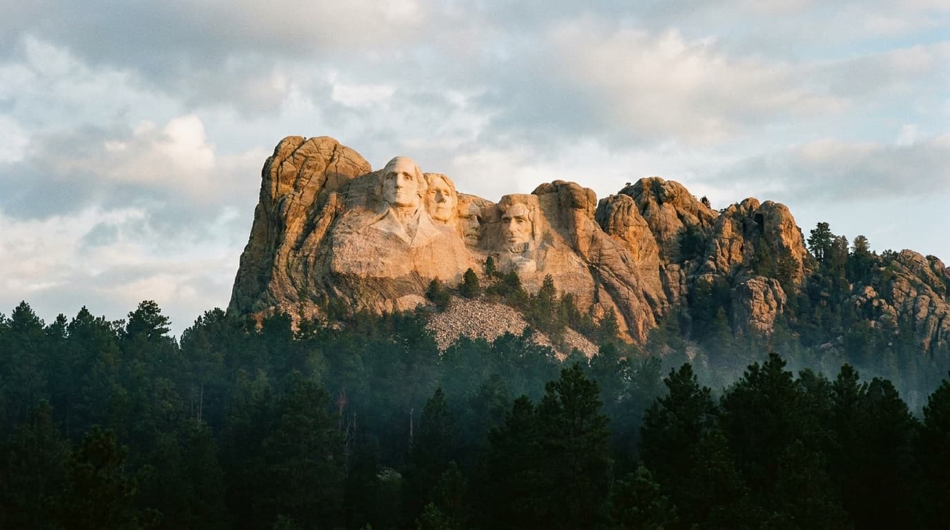 The four-president granite sculpture of Mount Rushmore glowing warm in golden evening light above dark Black Hills pine forest, framed head-on
