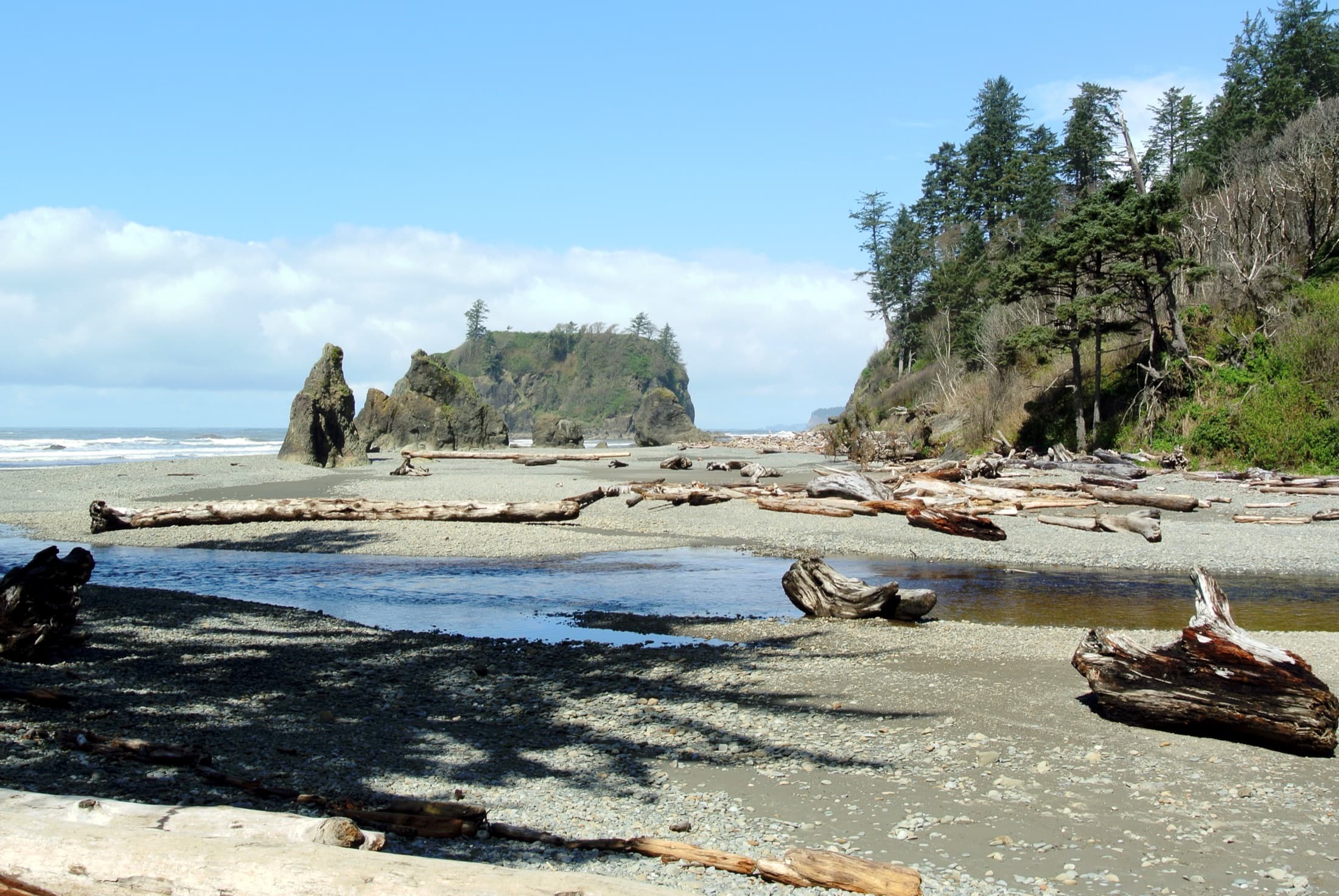 Cedar Creek winding across Ruby Beach toward the sea stack of Abbey Island under a soft Pacific Northwest sky, the rugged Olympic National Park coastline in Washington