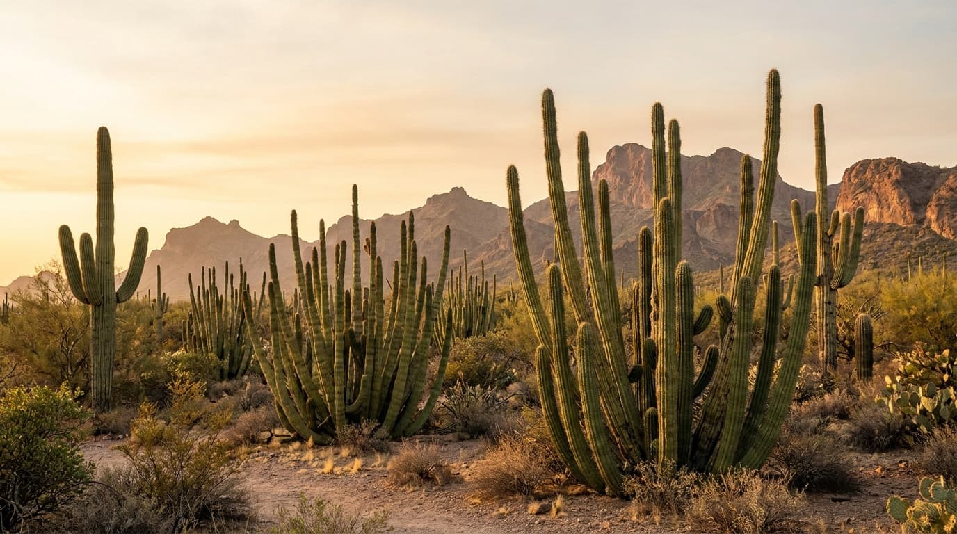 A dense forest of multi-armed organ pipe cactus and saguaro against the rugged Ajo Range at Organ Pipe Cactus National Monument in warm light