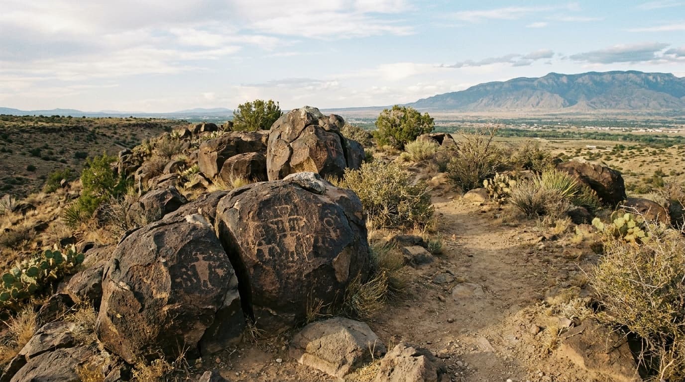 Ancient petroglyphs carved into dark basalt boulders on Albuquerque's west mesa with desert and distant mountains beyond