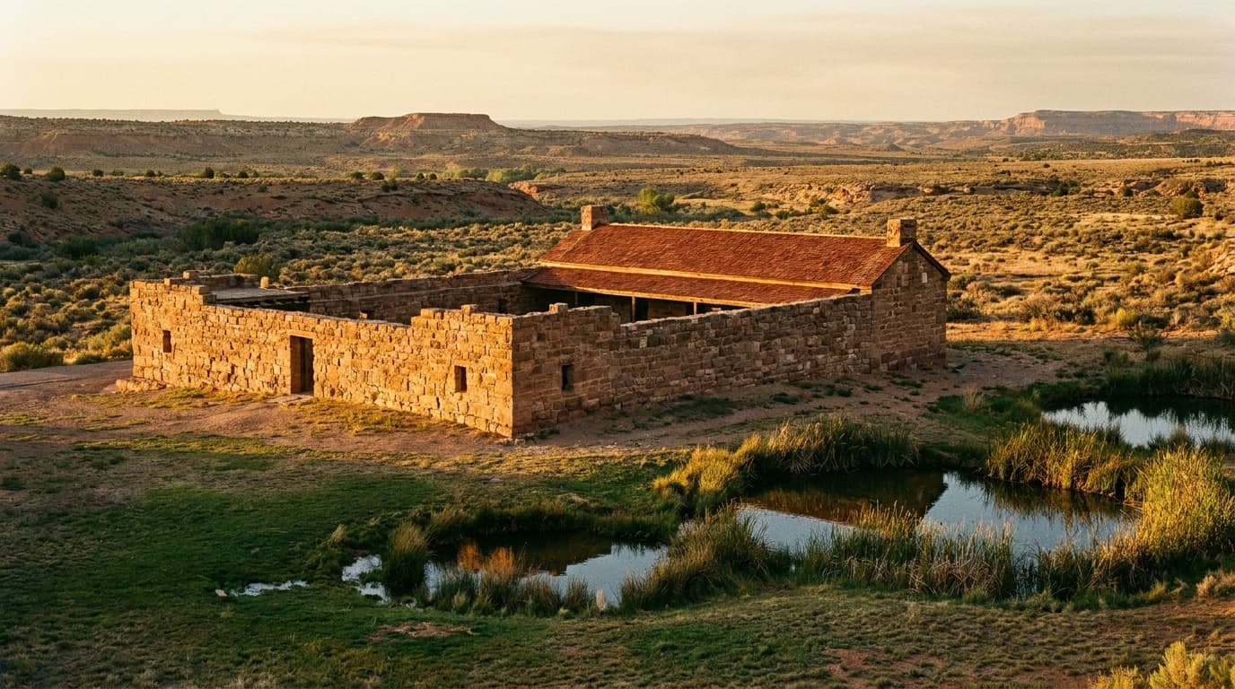 Winsor Castle, the historic stone pioneer fort at Pipe Spring built over a spring, green grass and ponds in the foreground, vast Arizona Strip desert beyond, warm light