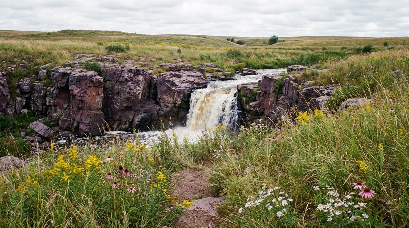 Winnewissa Falls at Pipestone National Monument plunging through reddish Sioux Quartzite bluffs, tallgrass prairie and summer wildflowers framing the scene