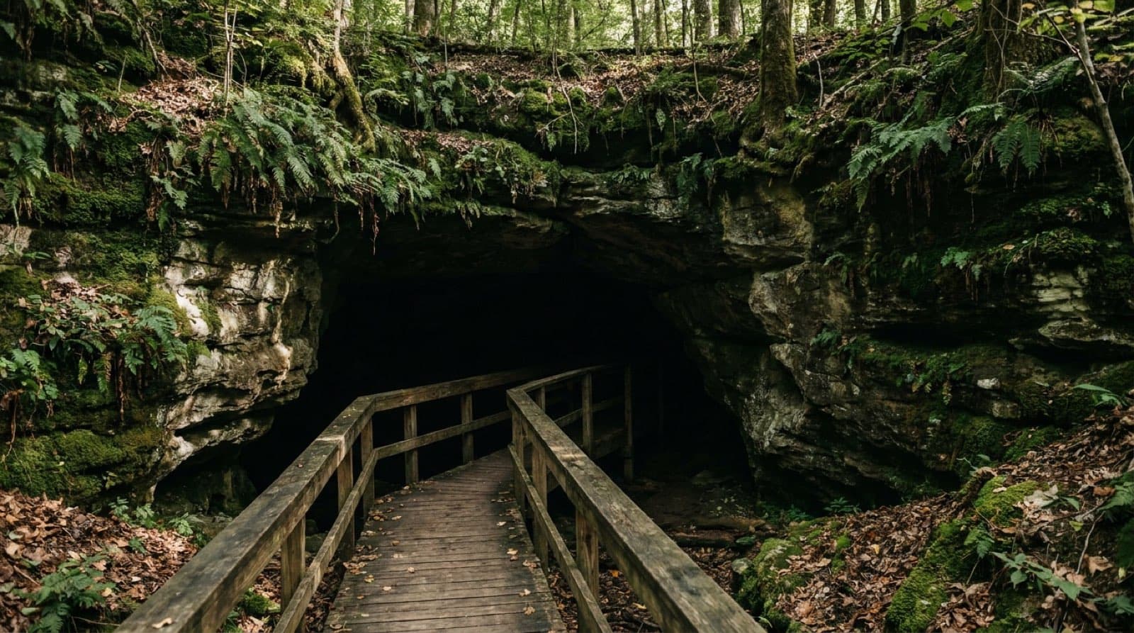 The huge dark mouth of the Russell Cave rock shelter in a forested limestone hillside in northeast Alabama, a wooden boardwalk leading into the cool shadowed opening, green ferns and moss
