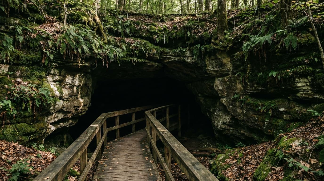 The huge dark mouth of the Russell Cave rock shelter in a forested limestone hillside in northeast Alabama, a wooden boardwalk leading into the cool shadowed opening, green ferns and moss