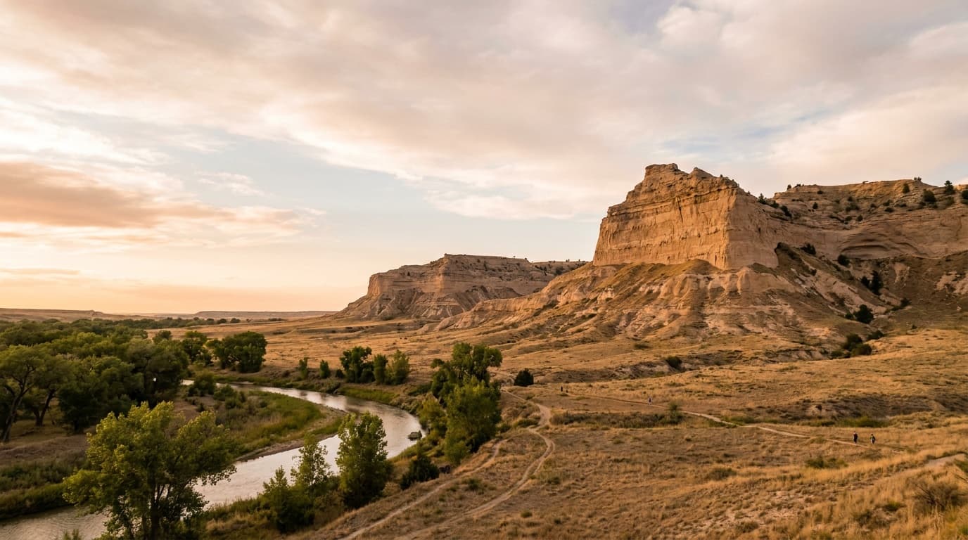 The towering 800-foot Scotts Bluff rising abruptly from the flat Nebraska prairie above the North Platte River, layered tan badland cliffs, big plains sky, warm evening light