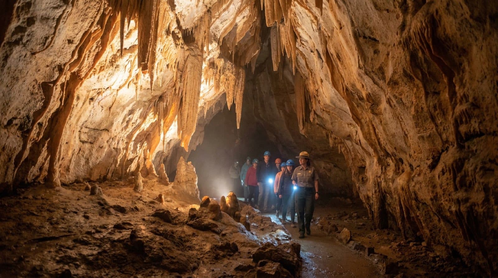 Glowing limestone cave interior at Timpanogos Cave National Monument, delicate helictites and stalactites lit warmly, ranger tour group small in frame for scale, deep cavern depth