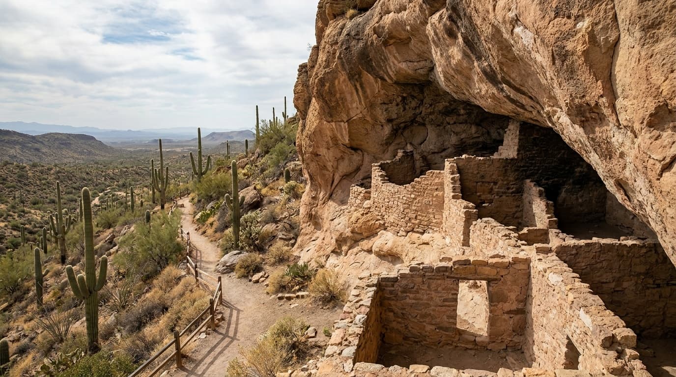 The Lower Cliff Dwelling of Tonto National Monument tucked under a sandstone cliff above the saguaro-studded Tonto Basin
