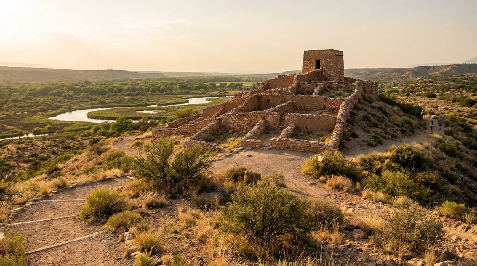 Tuzigoot pueblo crowning a low hill above the green Verde Valley, the reconstructed tower room at the summit, warm late-afternoon light, Tavasci Marsh wetlands below