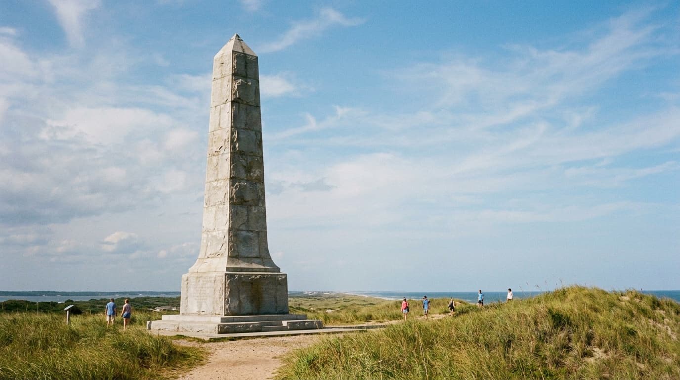 The 60-foot granite Wright Brothers Monument atop the grassy Kill Devil Hill against a blue Outer Banks sky