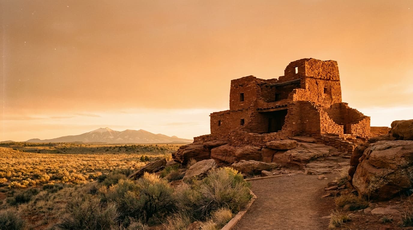 Wukoki Pueblo, a tall red sandstone three-story ancestral structure standing alone on a rock outcrop above open Painted Desert grassland, warm evening light, distant San Francisco Peaks