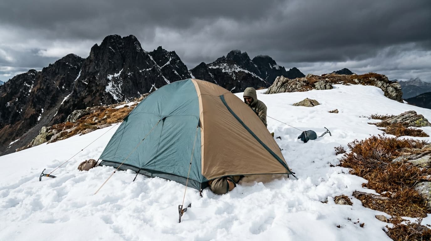 A two-person mountaineering tent anchored in deep snow on a high alpine ridge with dark storm clouds gathering behind a jagged peak