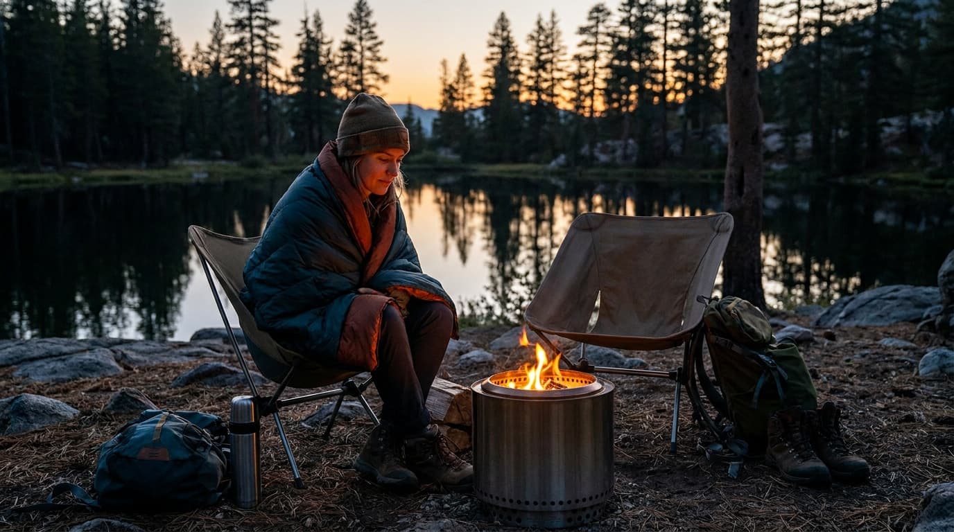 A woman wrapped in a puffy synthetic camp blanket sitting in a camp chair beside a glowing fire pit at dusk, pine trees silhouetted against an orange sky