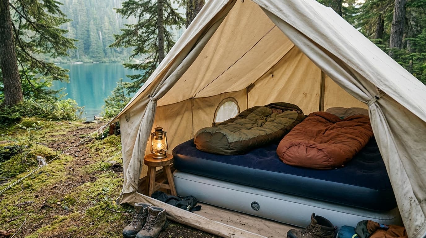 A plush double-high air mattress set up inside a canvas tent at a forested campsite, sleeping bags laid out and a lantern glowing in the corner