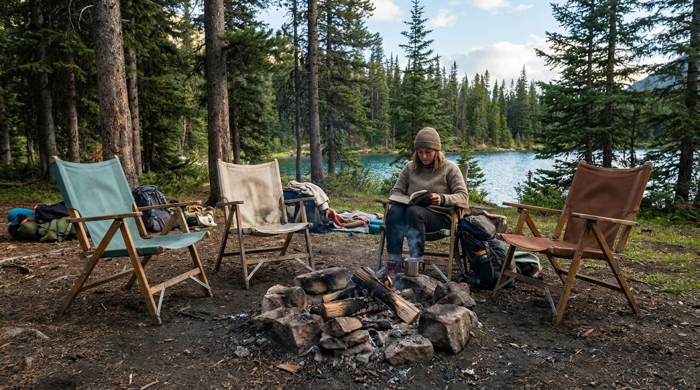 Four camping chairs arranged around a fire ring at a forested campsite, one occupied by a person reading in late afternoon light