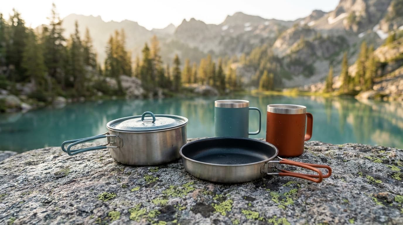 A nesting camp cookware set laid out on a granite slab beside an alpine lake, morning light catching the anodized lids