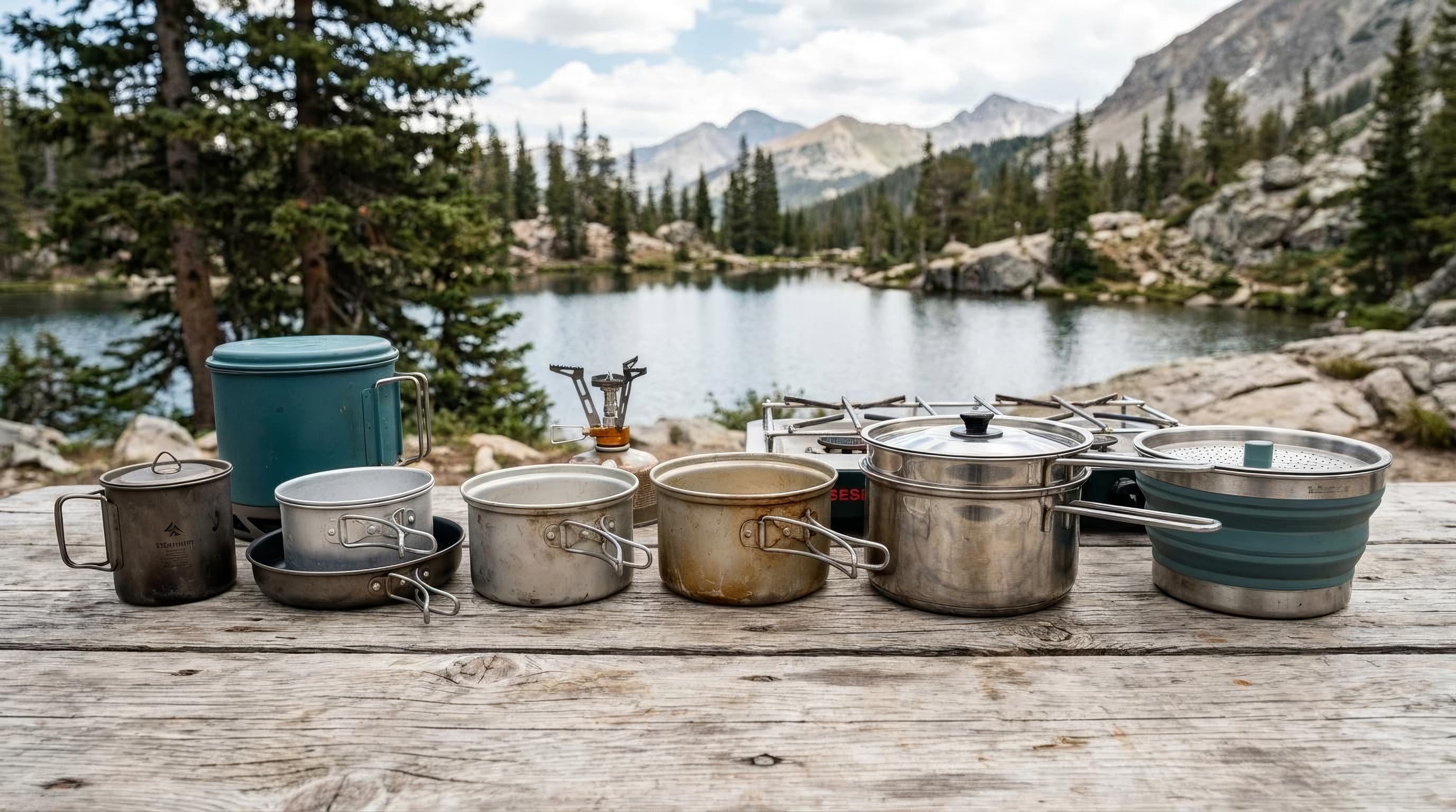 Six camping cookware systems arranged by size beside a camp stove and a prepared meal